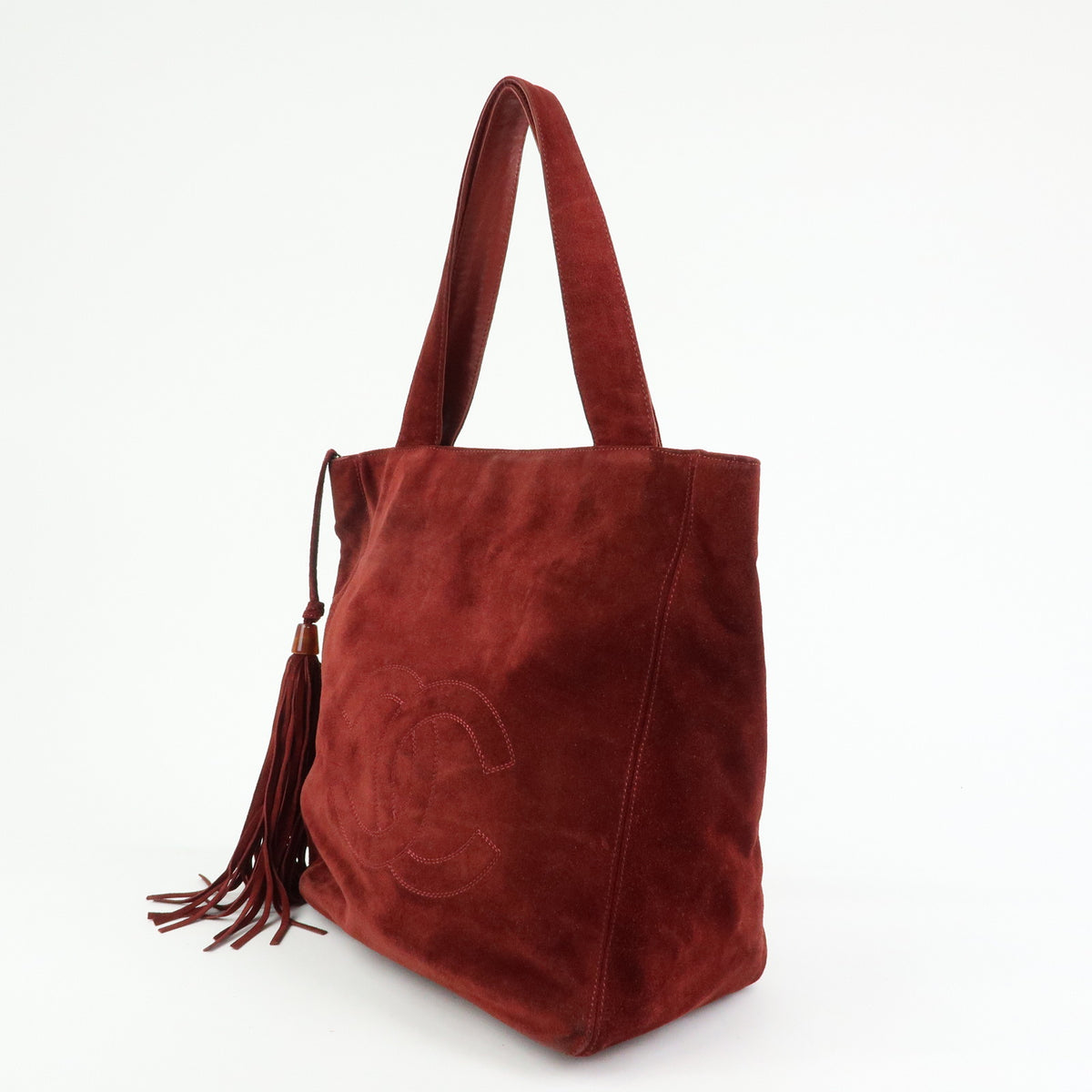CHANEL COCO Mark Suede Leather Tote Bag Shoulder Bag Tassel Wine Red