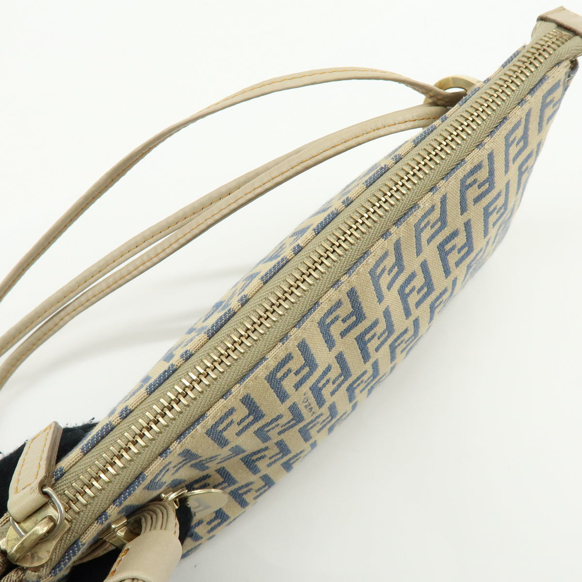 FENDI Zucchino Canvas Leather Mini Hand Bag Pouch Beige 8BR513