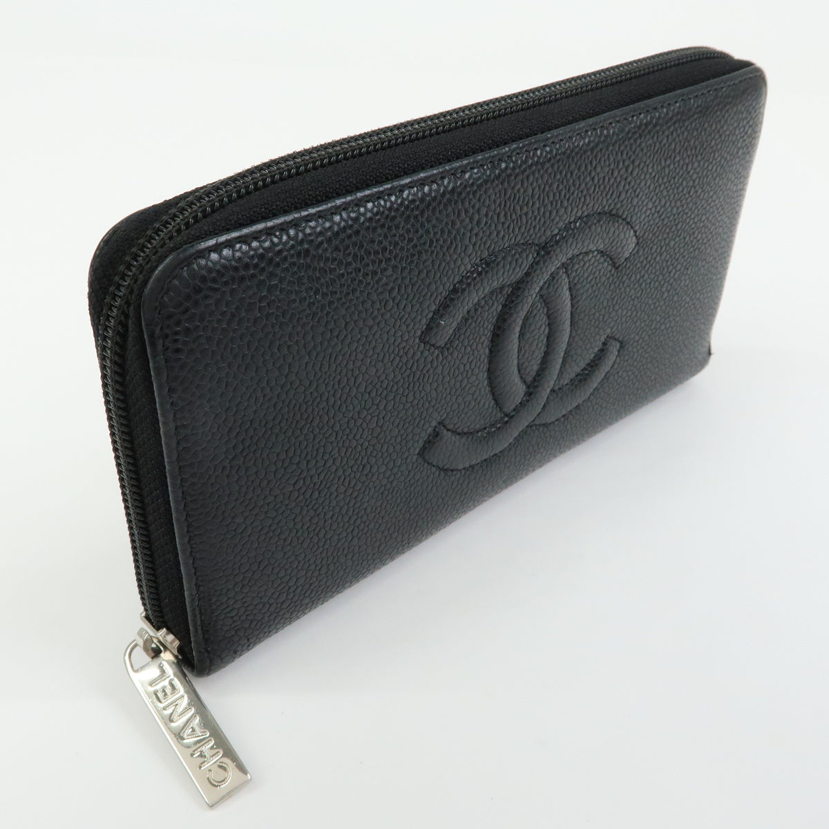 CHANEL COCO Mark Caviarskin Round Zippy Long Wallet Black A50071