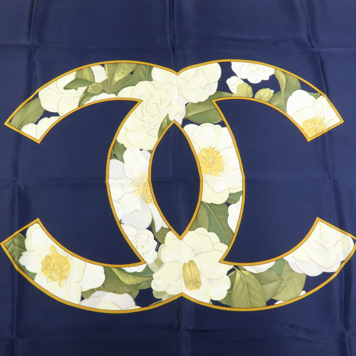 CHANEL COCO Mark Silk 100% Scarf Navy Yellow White