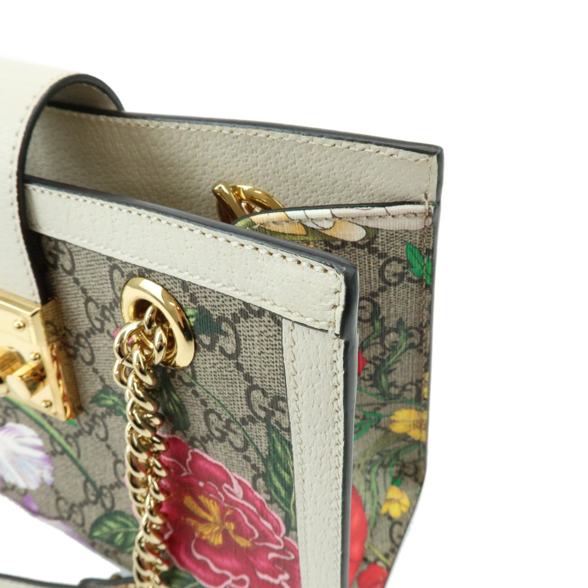 GUCCI Padlock Flora GG Small GG Supreme Chain Shoulder Bag White 498156