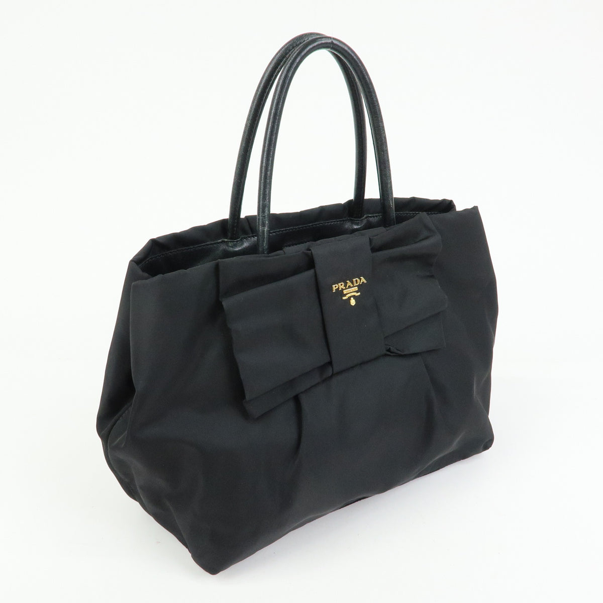 PRADA Nylon Leather Ribbon Hand Bag Tote Bag Black BN1601