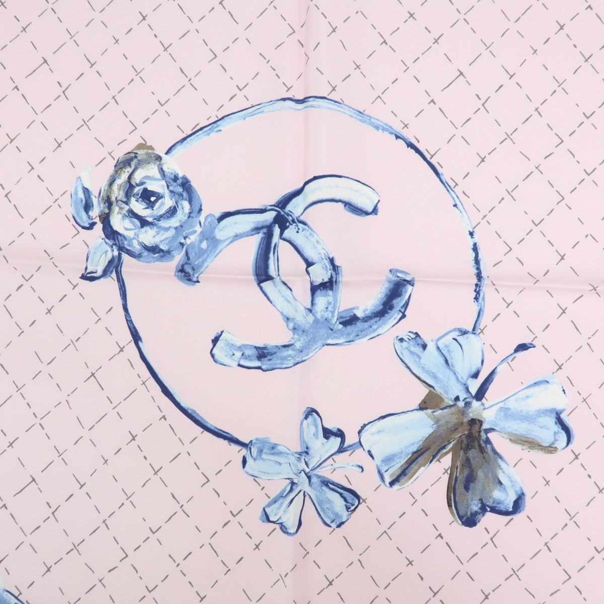 CHANEL COCO Mark Silk 100% Scarf Flower Rose Pink Blue