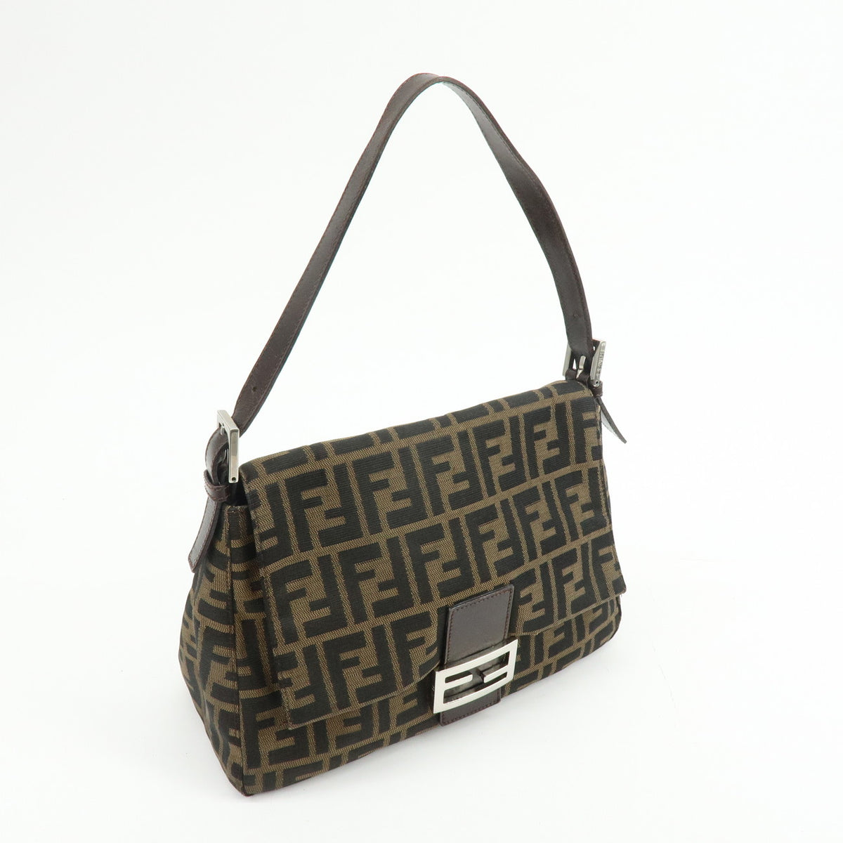 FENDI Mamma Baguette Zucca Canvas Leather Shoulder Bag Brown 26325