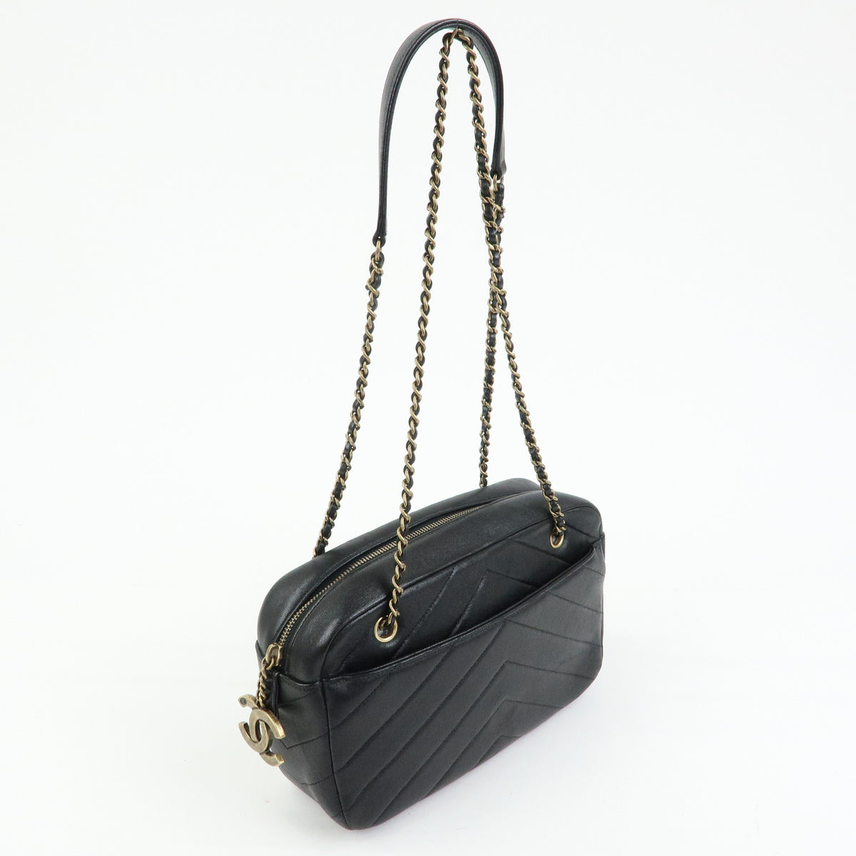 CHANEL Chevron Calf Leather Chain Shoulder Crossbody Bag Balck