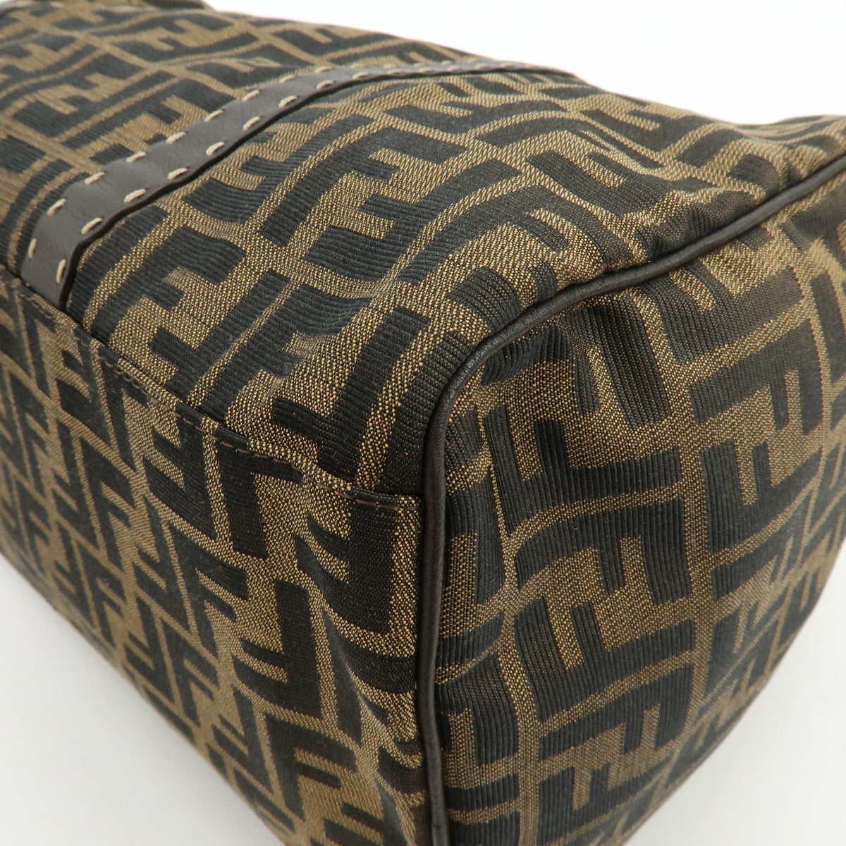 FENDI Zucca Selleria Jacquard Leather Shoulder Bag Boston Bag Brown