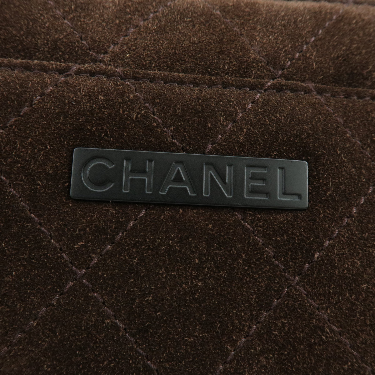 CHANEL Logo Plate Quilting Suede Leather Shoulder Bag Dark Brown Black