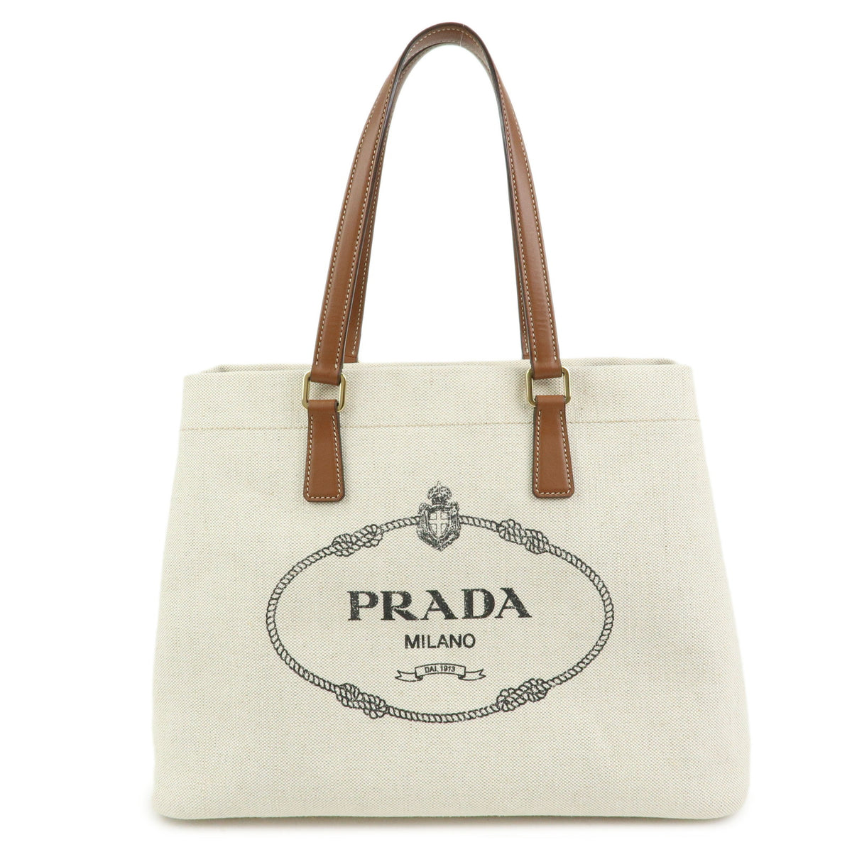 PRADA Logo Linen Leather Tote Bag Shoulder Bag Natural Brown 1BG356
