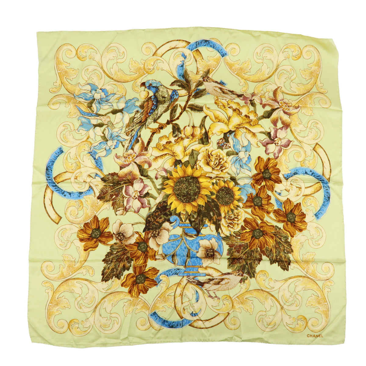 CHANEL Silk100% Sunflower Pattern Scarf Shawl Light Green