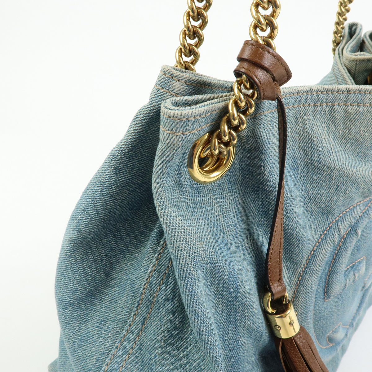 GUCCI SOHO Interlocking G Denim Leather Chain Shoulder Bag Blue 308982