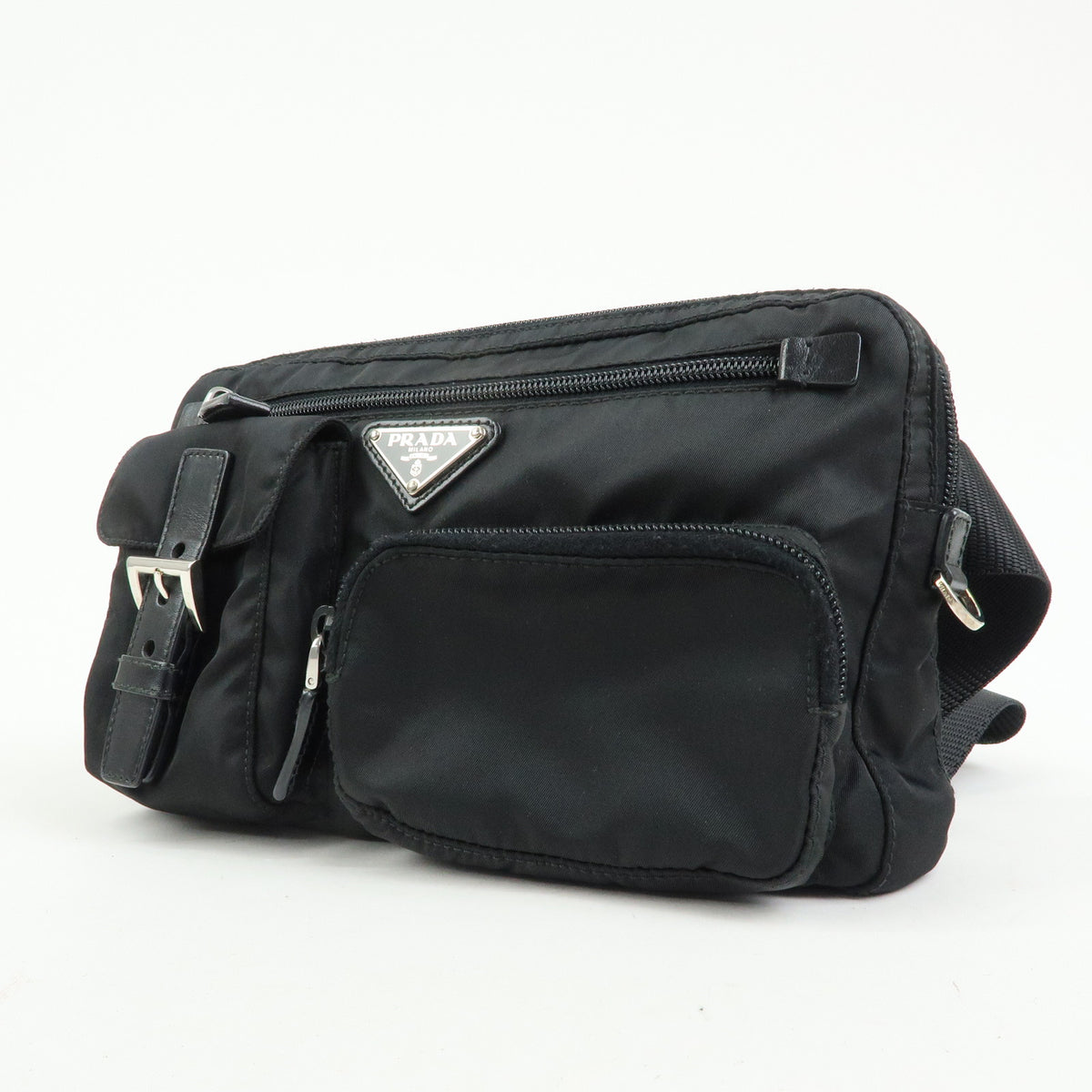 PRADA Triangle Logo Nylon Leather Waist Bag Body Bag Black BM0008