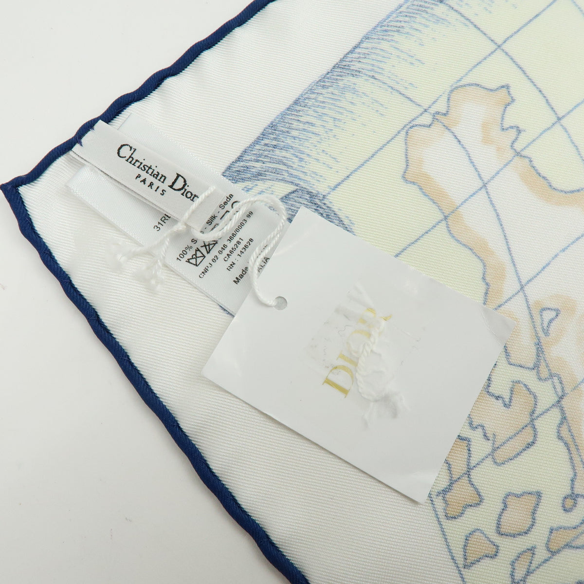 Christian Dior Silk 100% Scarf White Navy Blue Yellow