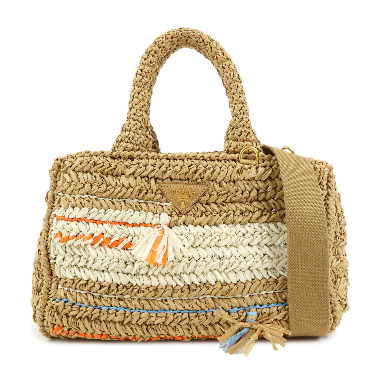 PRADA Canapa Triangle Logo Tricot Raffia 2Way Bag Camel Orange 1BG153