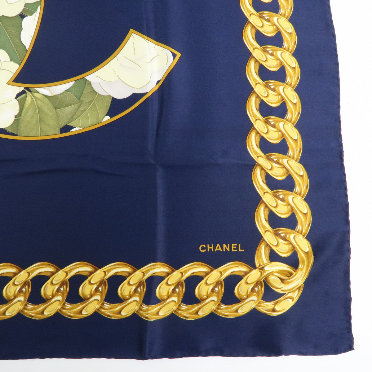 CHANEL COCO Mark Silk 100% Scarf Navy Yellow White