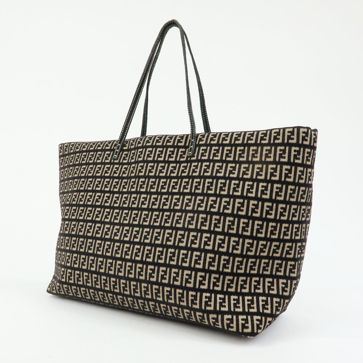 FENDI Zucchino Canvas Leather Tote Bag Shoulder Bag Black Beige 8BH005
