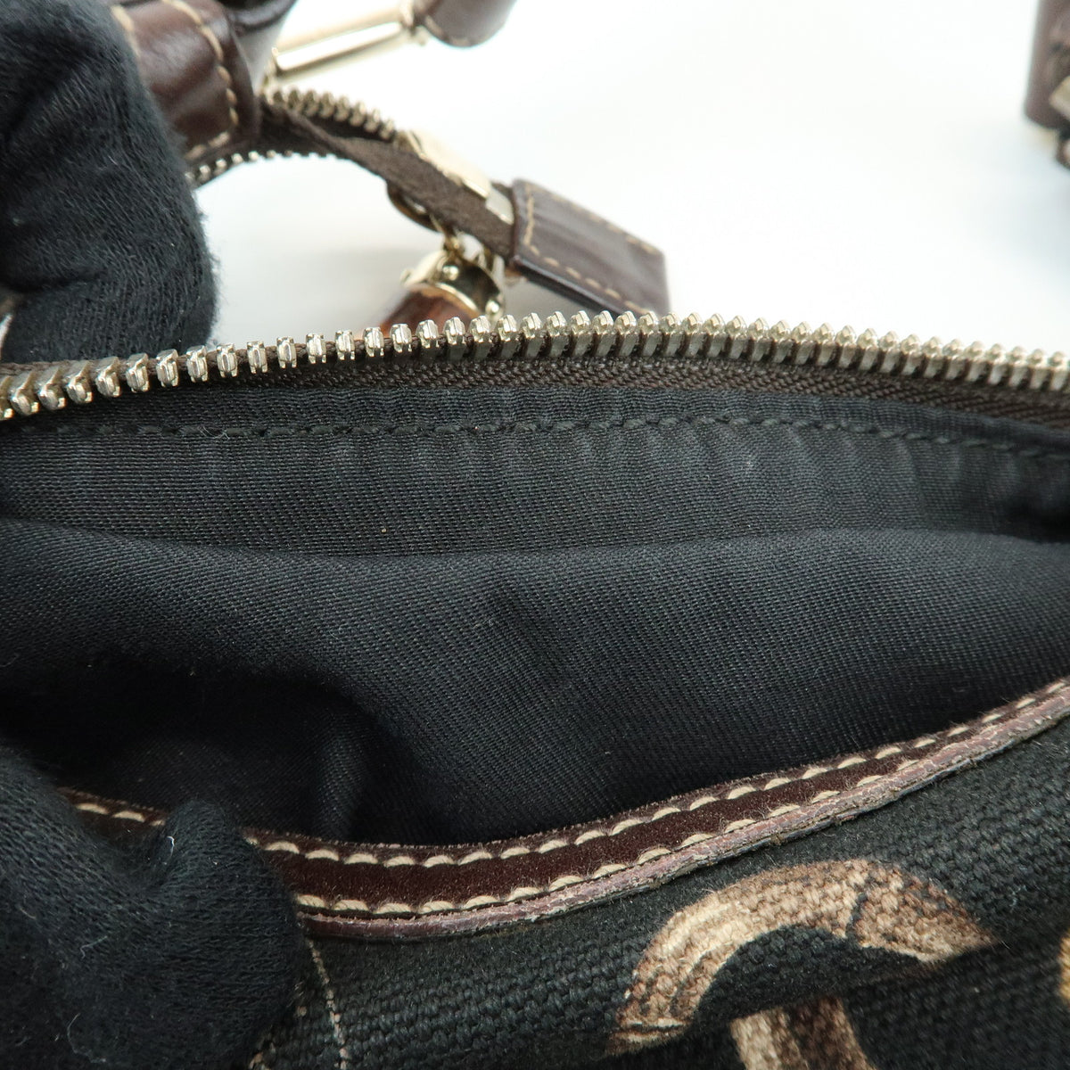 GUCCI Bamboo Horsebit Canvas Leather Shoulder Bag Dark Brown 154378