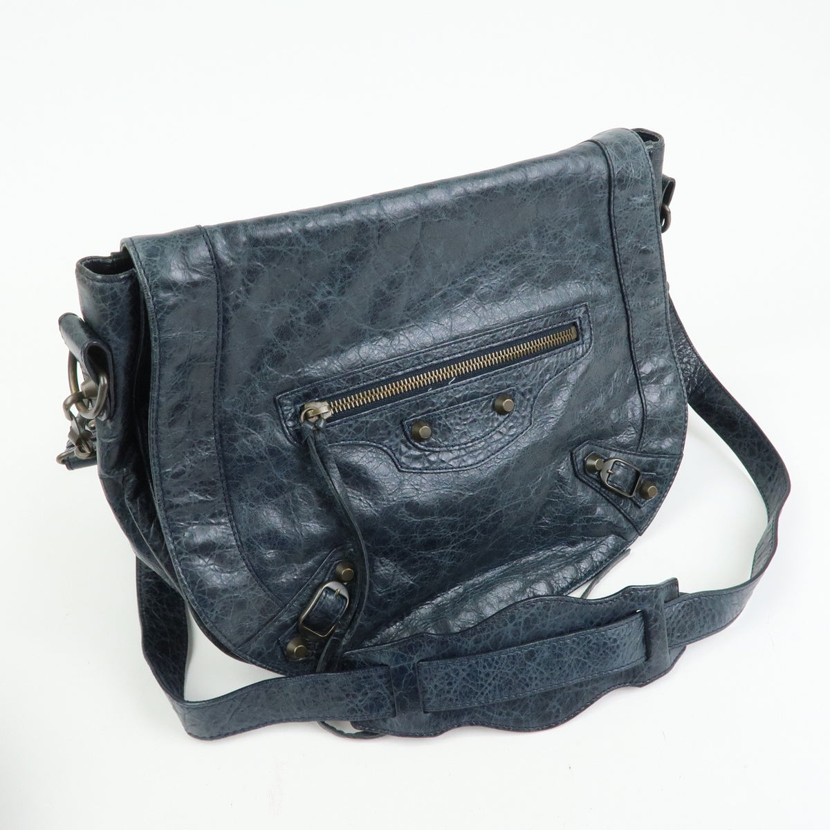 BALENCIAGA Classic Neo Folk Leather Shoulder Bag Dark Navy 285346