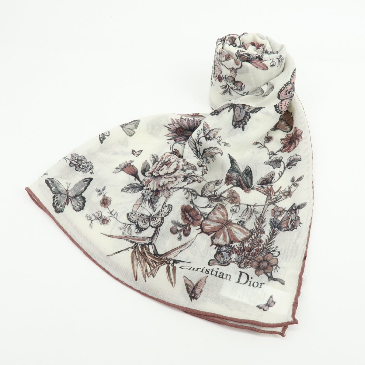 Christian Dior Cashmere 100% Scarf Butterfly Floral White Pink Black