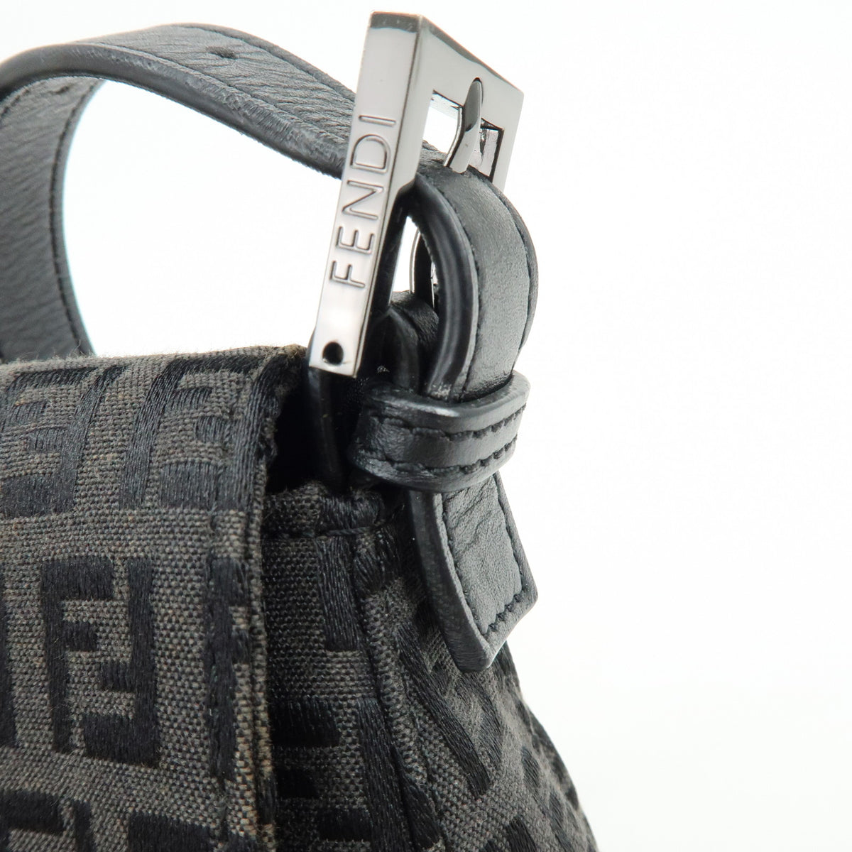 FENDI Mamma Baguette Zucchino Canvas Leather Shoulder Bag Black 8BR001
