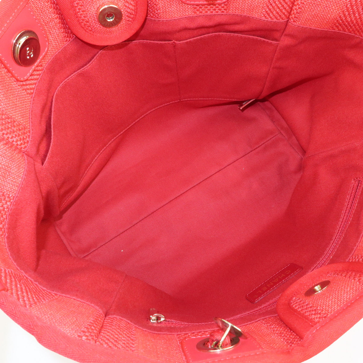 CHANEL Deauville MM Straw Canvas Leather Tote Shoulder Bag Red A67001