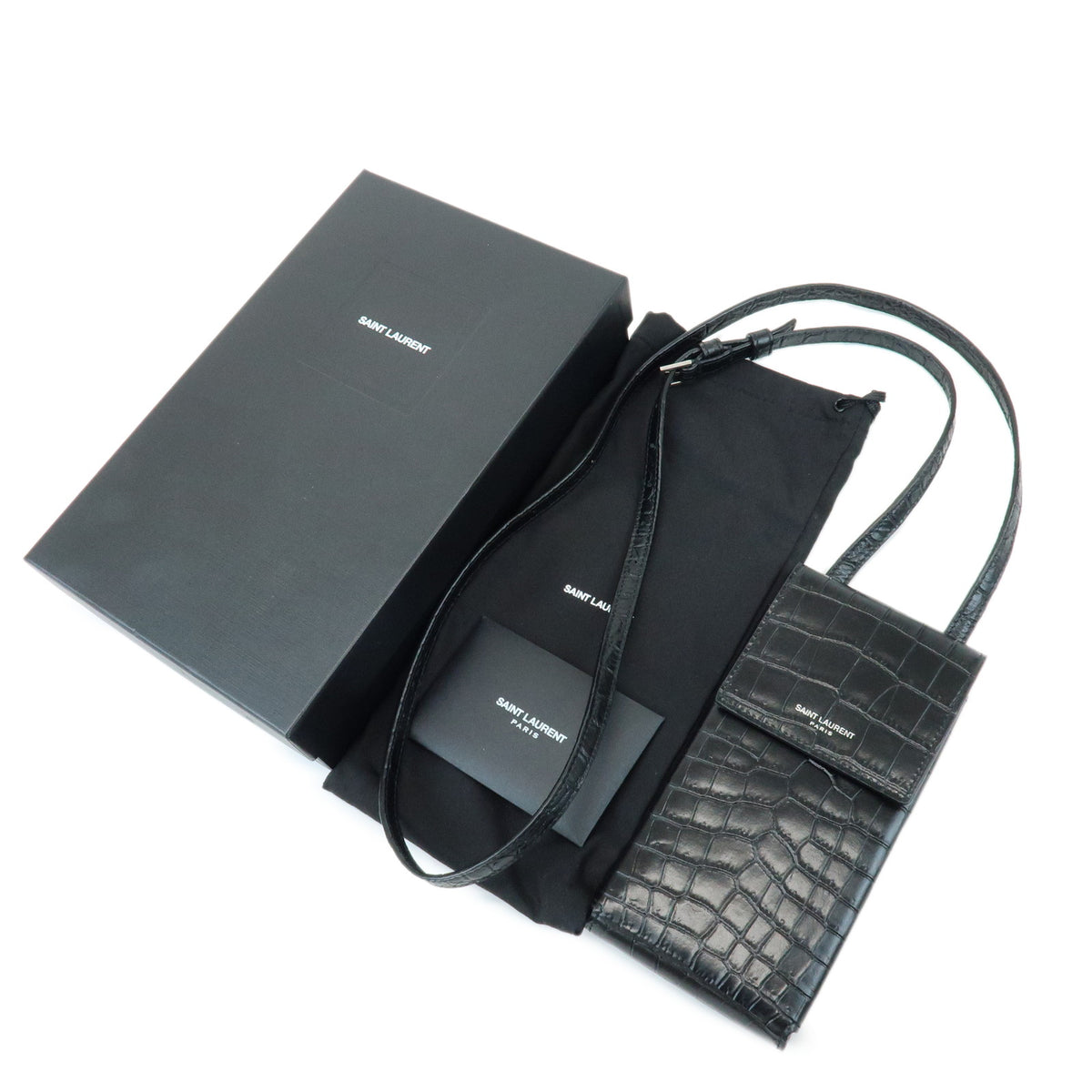 SAINT LAURENT PARIS Embossed Leather Logo Phone Case Black 667713 DZE0E