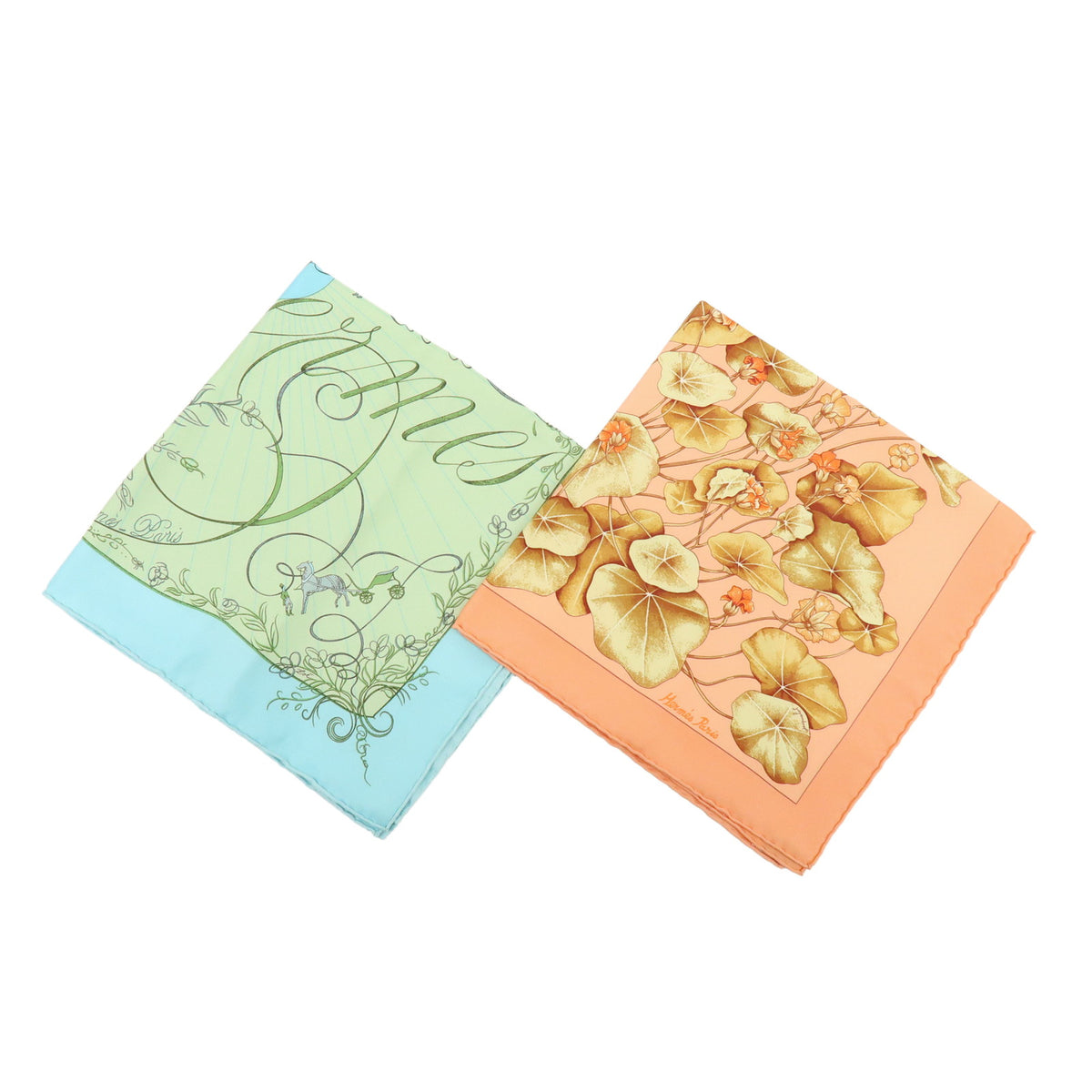 HERMES Carre 45 Lot of 2 Silk 100% Scarf Les Capucines EFFLUVES