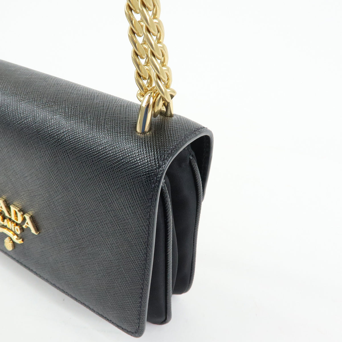 PRADA Logo Saffiano Nylon Leather Chain Shoulder Crossbody Bag Black