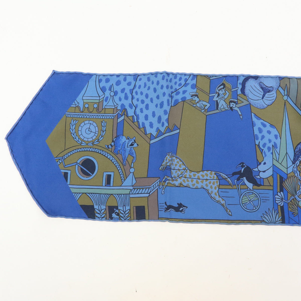 HERMES Maxi Twilly Silk 100% Scarf ANIMAPOLIS Blue Beige Black