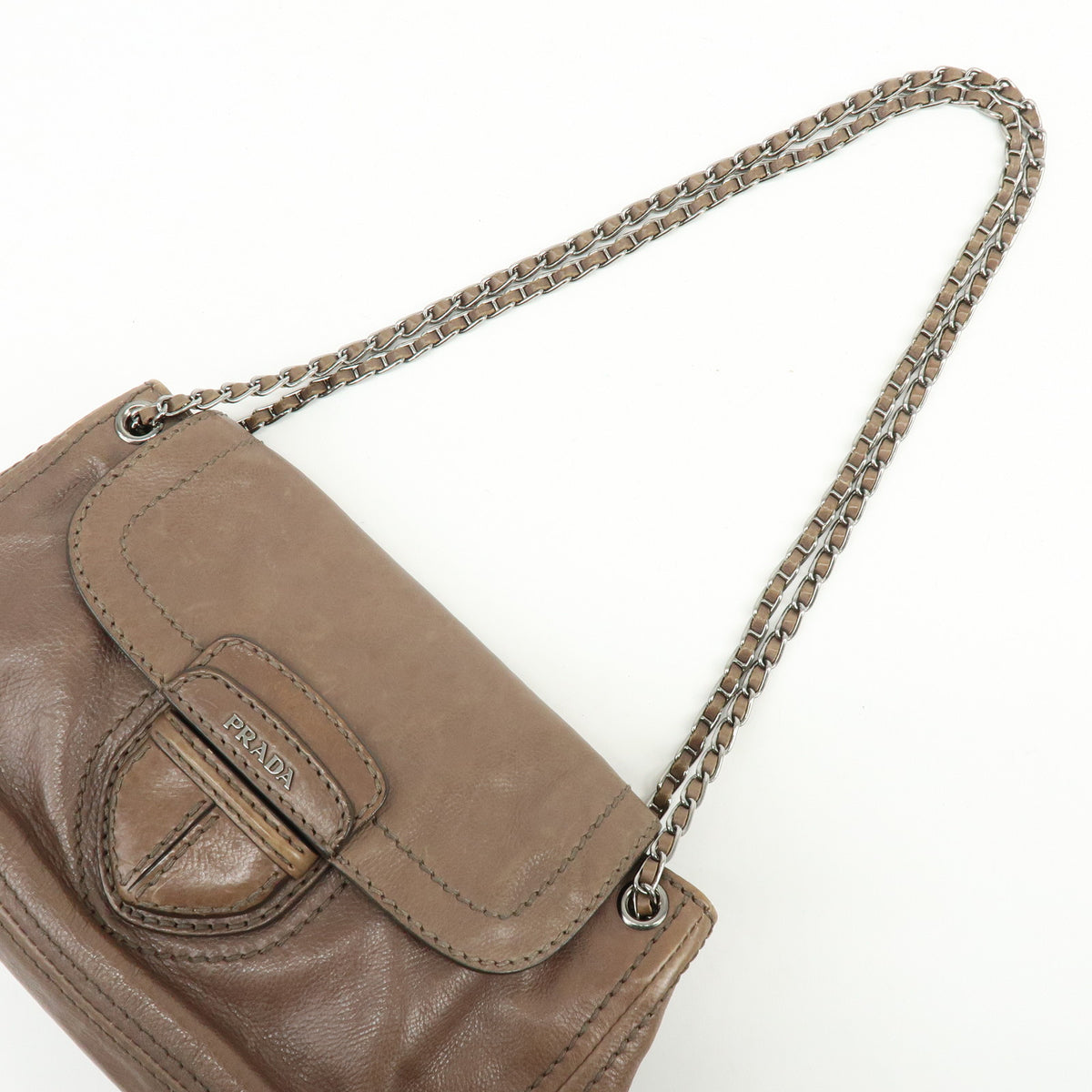 PRADA Logo Leather Flap Chain Shoulder Bag Hand Bag Greige B4659C