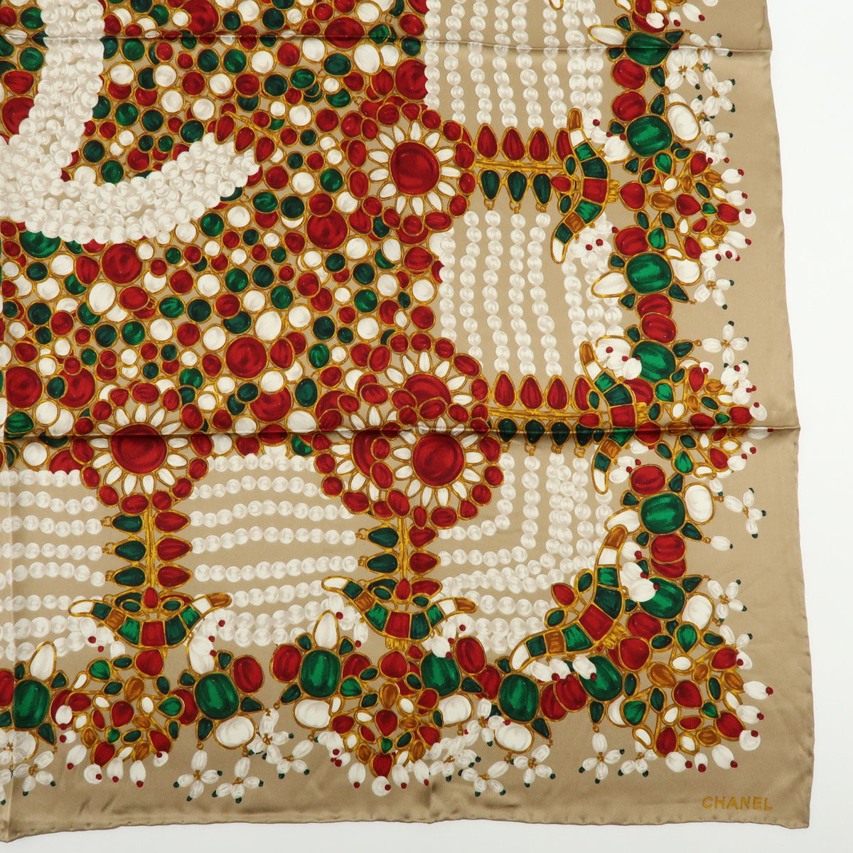 CHANEL COCO Mark Silk100% Jewelry Pattern Scarf Brown Red