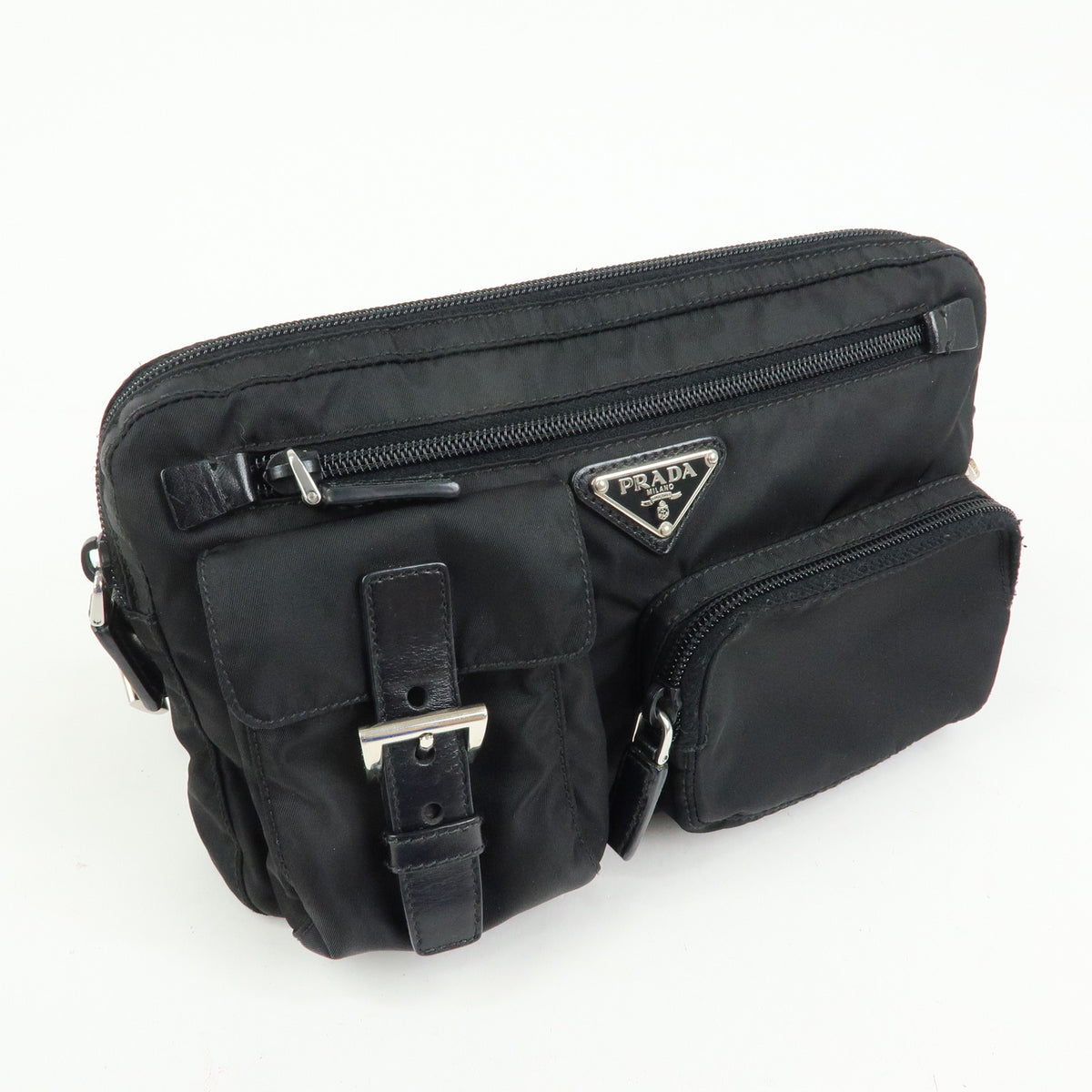 PRADA Triangle Logo Nylon Leather Waist Bag Body Bag Black BM0008