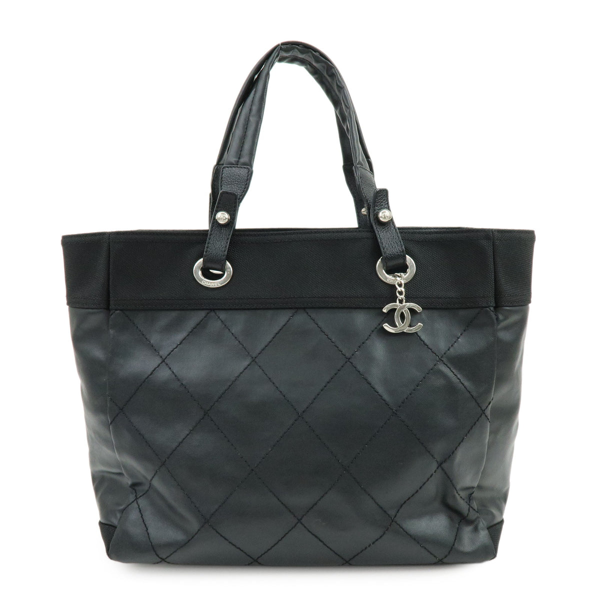 CHANEL Paris Biarritz MM PVC Leather Tote Bag Hand Bag Black A34209