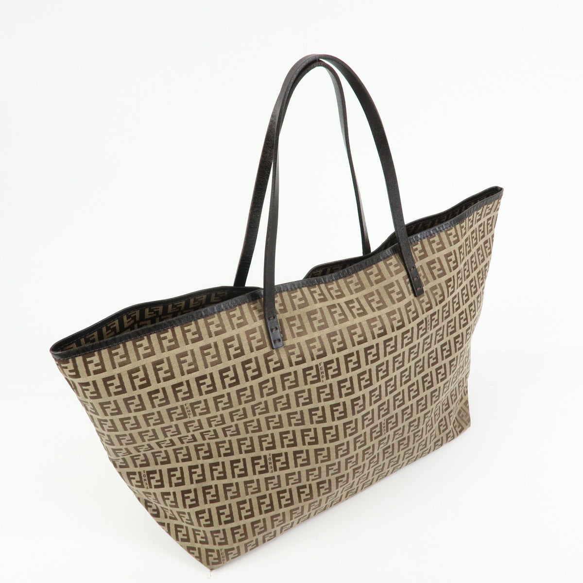 FENDI Zucchino Canvas Leather Tote Bag Hand Bag Brown 8BH005