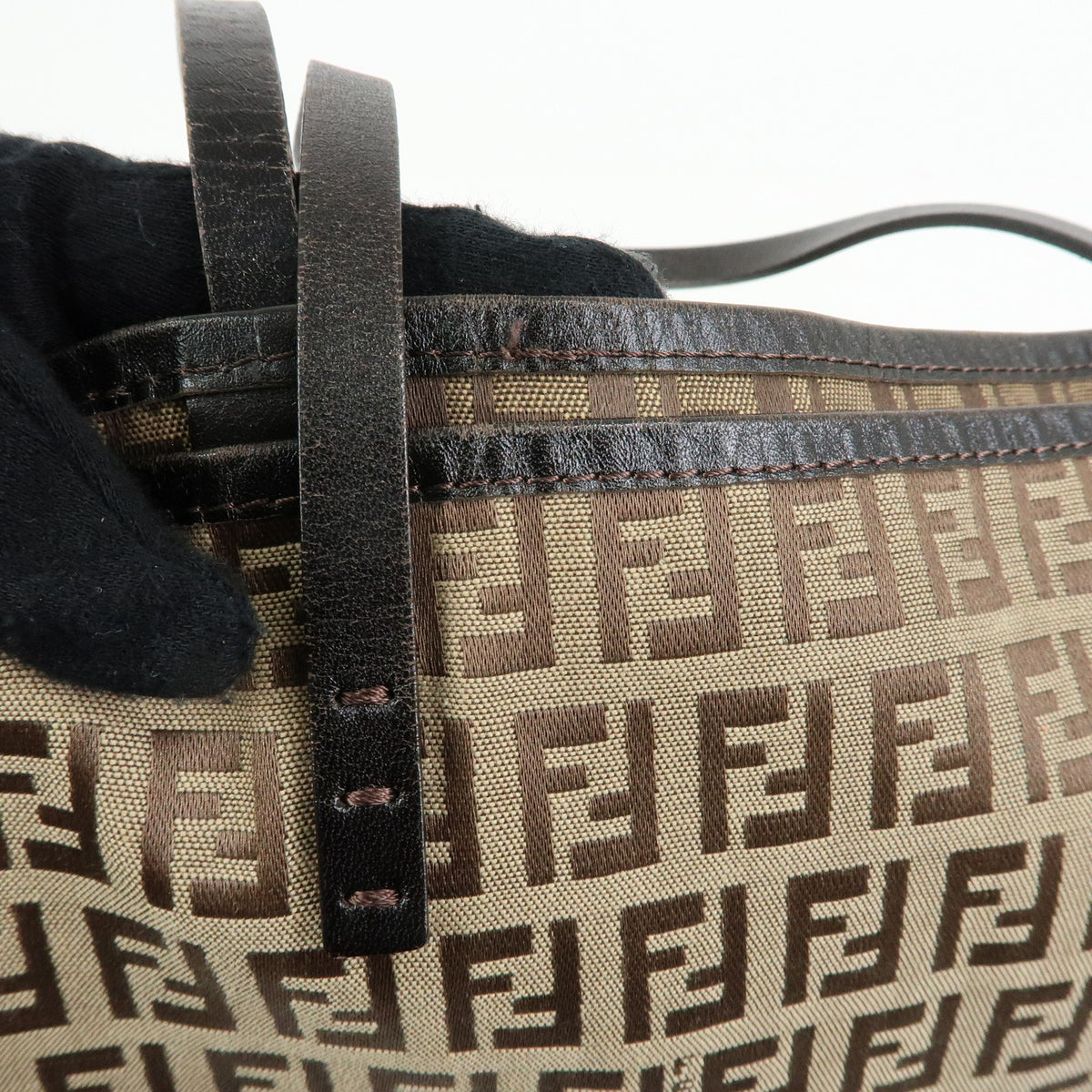 FENDI Zucchino Canvas Leather Tote Bag Hand Bag Brown 8BH005