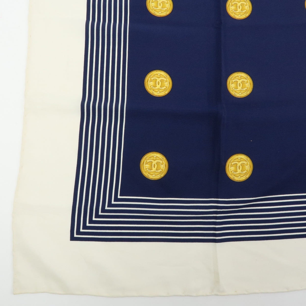 CHANEL COCO Mark Silk 100% Scarf Coin Strip Navy White Yellow