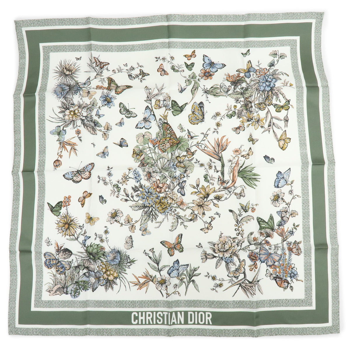 Christian Dior Silk 100% Butterfly Flower Motif Scarf Shawl Sage Green