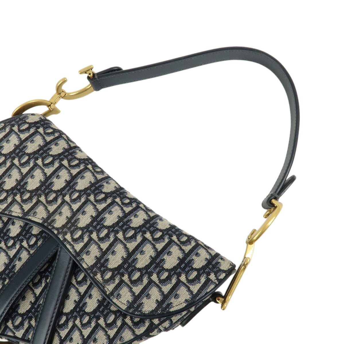 Christian Dior Saddle Oblique Jaquard Leather Shoulder Bag Navy Beige