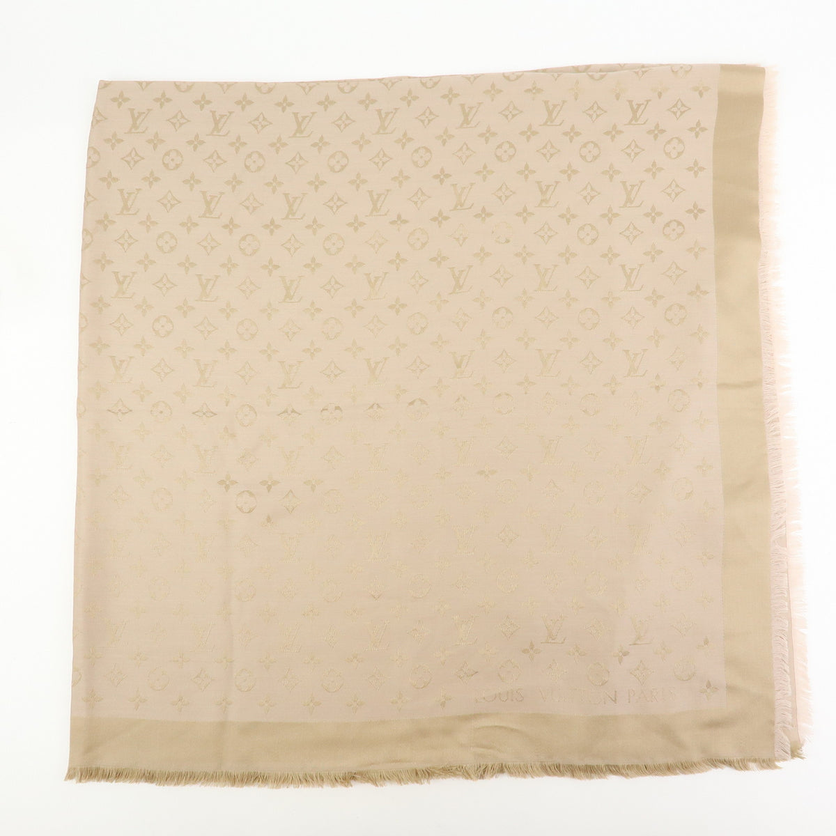 Louis Vuitton Monogram Shine Silk Wool Scarf Shawl Fringe Greige M75121