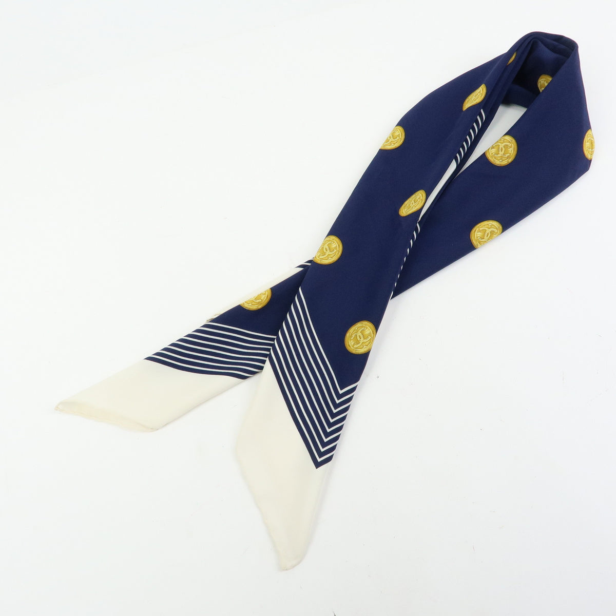 CHANEL COCO Mark Silk 100% Scarf Coin Strip Navy White Yellow