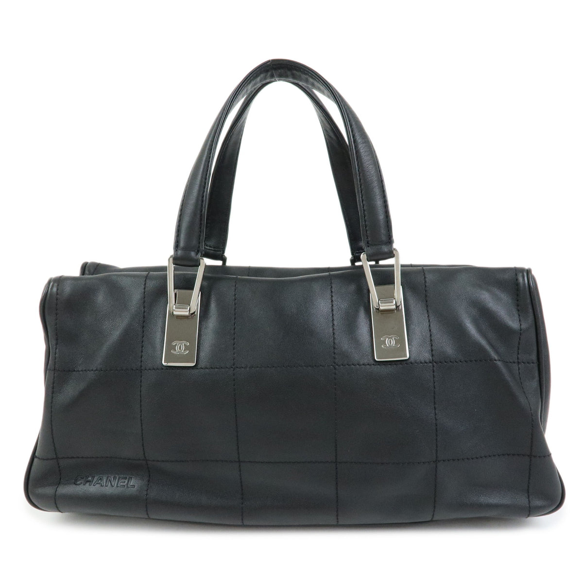 CHANEL Chocolate Bar Lamb Skin Mini Boston Bag Hand Bag Black A19989