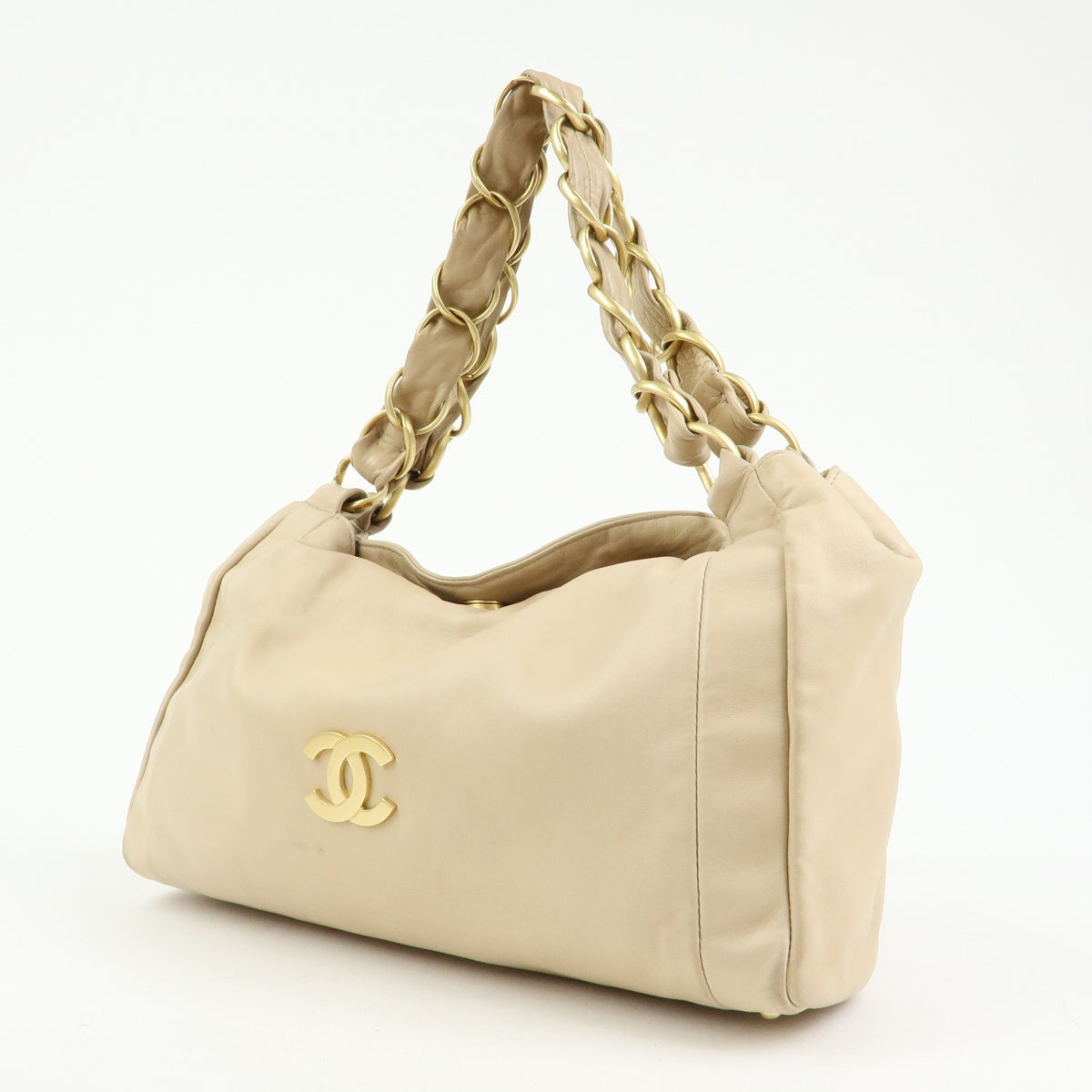 CHANEL COCO Mark Lamb Skin Chain Shoulder Bag Hand Bag Beige