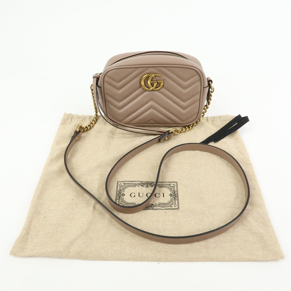 GUCCI GG Marmont Double G Leather Chain Shoulder Bag Pink Beige 448065