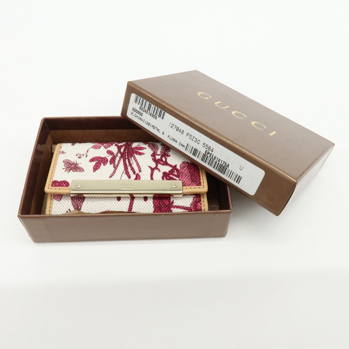 GUCCI Flora Canvas Leather 6 Ring Key Case Flower White Pink 127048