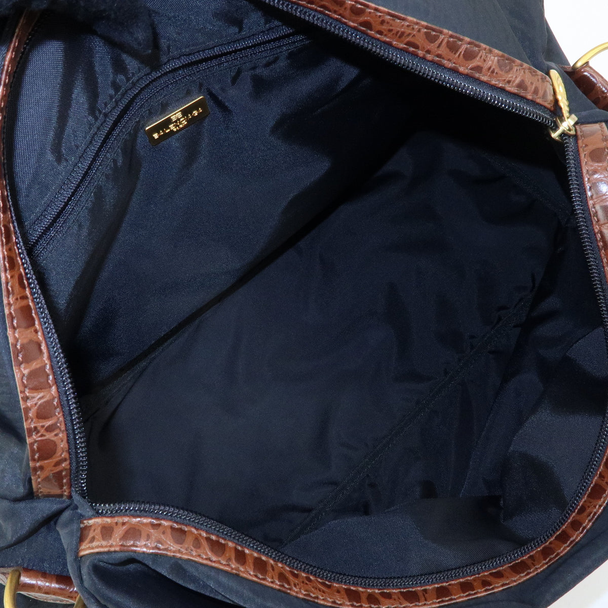 BALENCIAGA Nylon Embossed Leather Boston Bag Black Brown