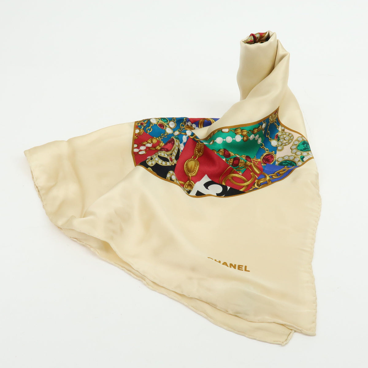 CHANEL COCO Mark Silk 100% Scarf Jewelry Motif Beige Multicolor