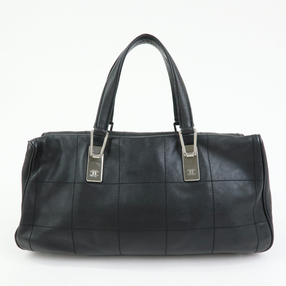 CHANEL Chocolate Bar Lamb Skin Mini Boston Bag Hand Bag Black A19989