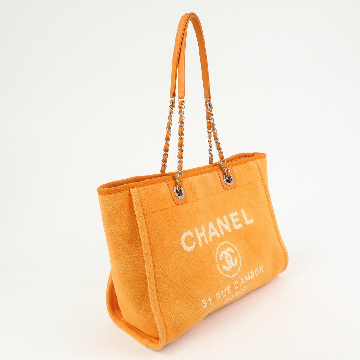 CHANEL Deauville MM Straw Leather Tote Bag Shoulder Bag Orange A67001