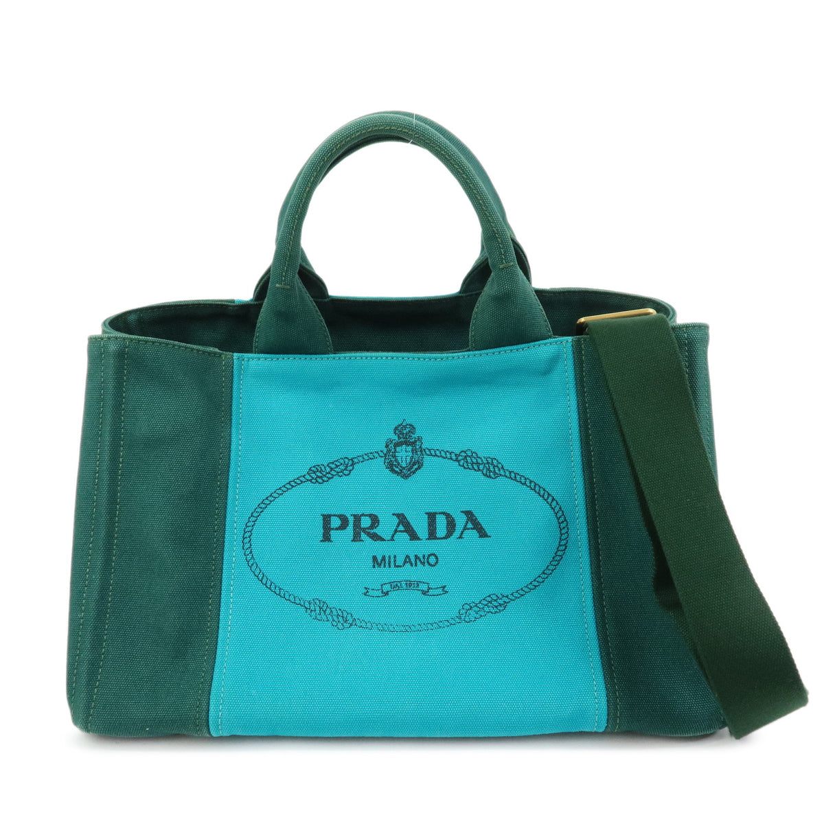 PRADA Logo Canapa Triangle Logo 2Way Tote Hand Bag  Green Blue BN2642