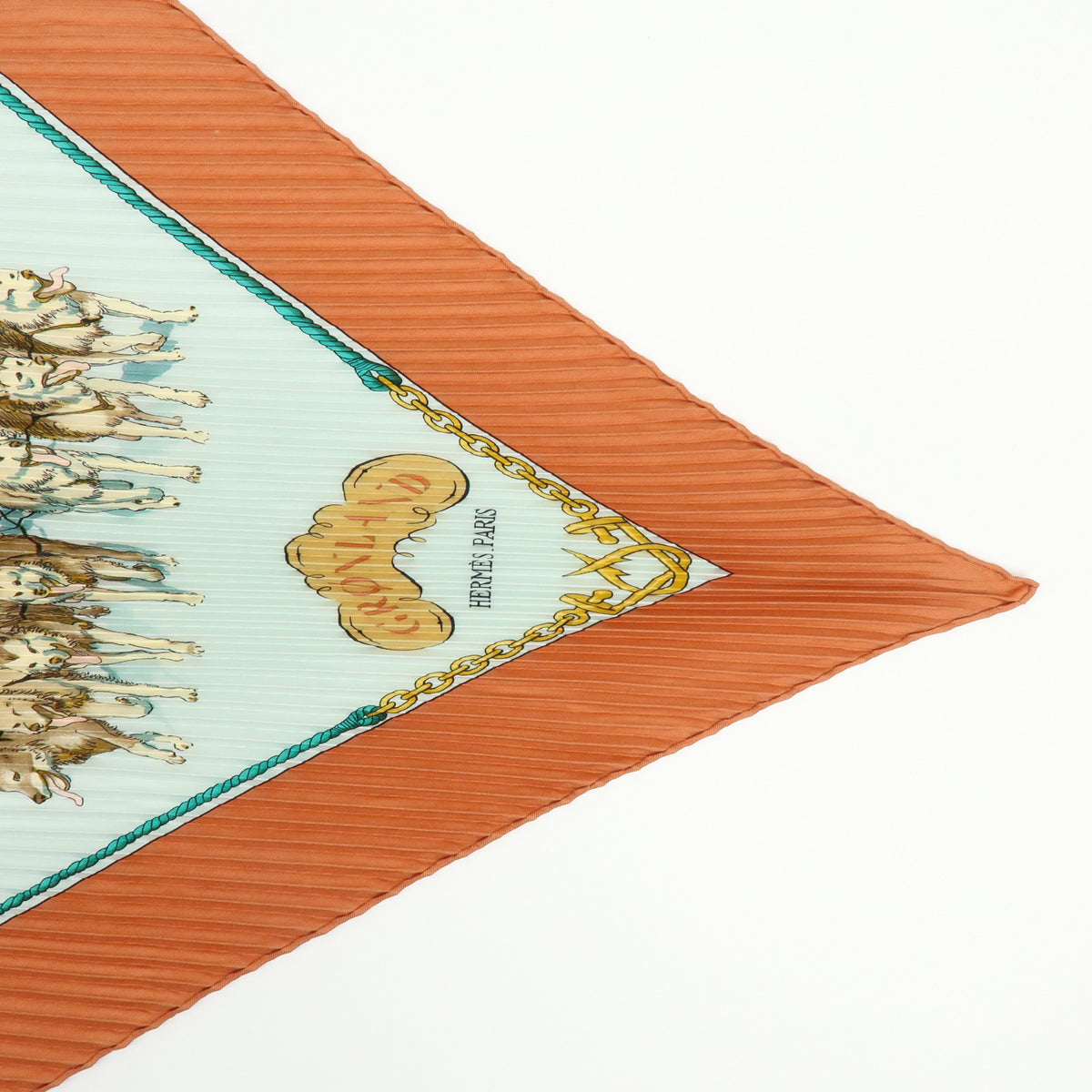 HERMES Silk100% Pleated Carre Scarf GRONLAND Brown Light Blue