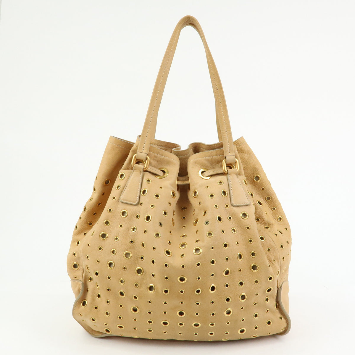 PRADA Triangle Logo Perforated Leather Tote Bag Tassel Beige BR3552
